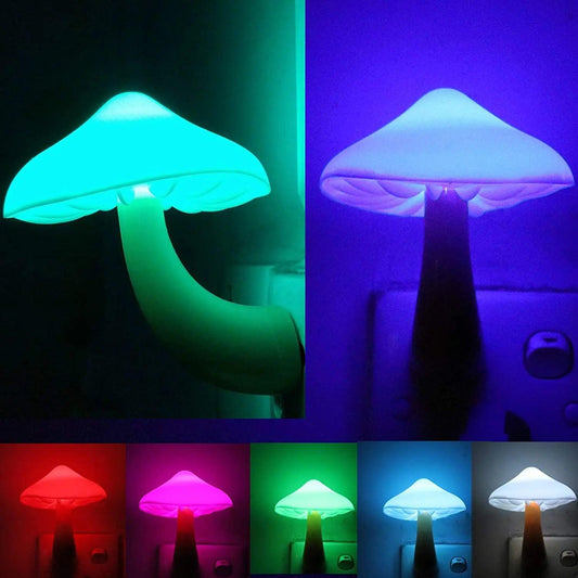 Mushroom Wall Socket LED Night Light - Light-Control Sensor Bedroom Lamp Home Decoration with EU/US Plug, Blue/Green/Yellow - Mushroom Lamps